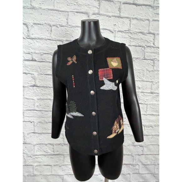 Woolrich‎ Wool Vest Log Cabin Goose Moose Patchwork Winter Vtg 90s Womens Sz M - Picture 1 of 7